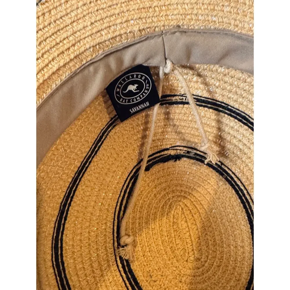Wallaroo Wide Brim Sun Hat Straw Paper Braid Black Stripe Packable Beach Hat